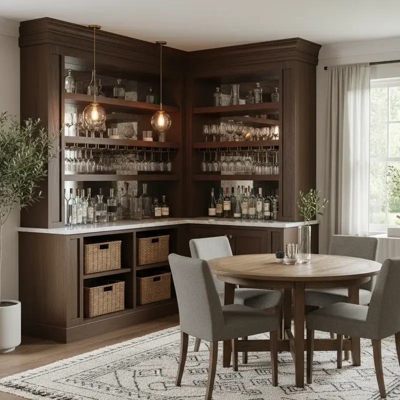 Built In Bar with Corner Configuration and Wicker Storage Bins