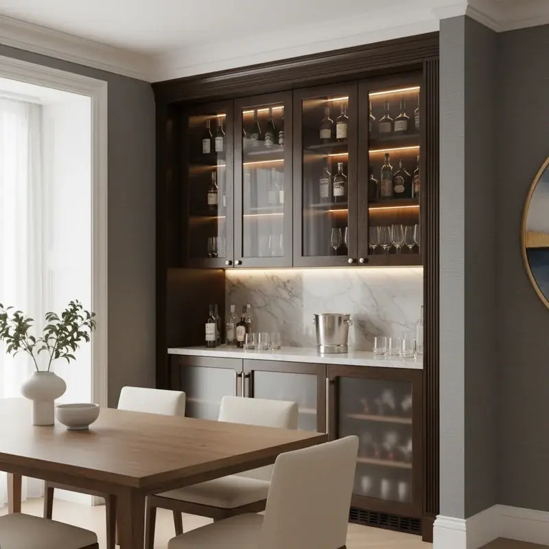 Built In Bar with Integrated LED Lighting and Marble Backsplash