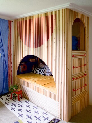 Built In Bunk Bed with Vertical Slat Cladding and Wood Slat