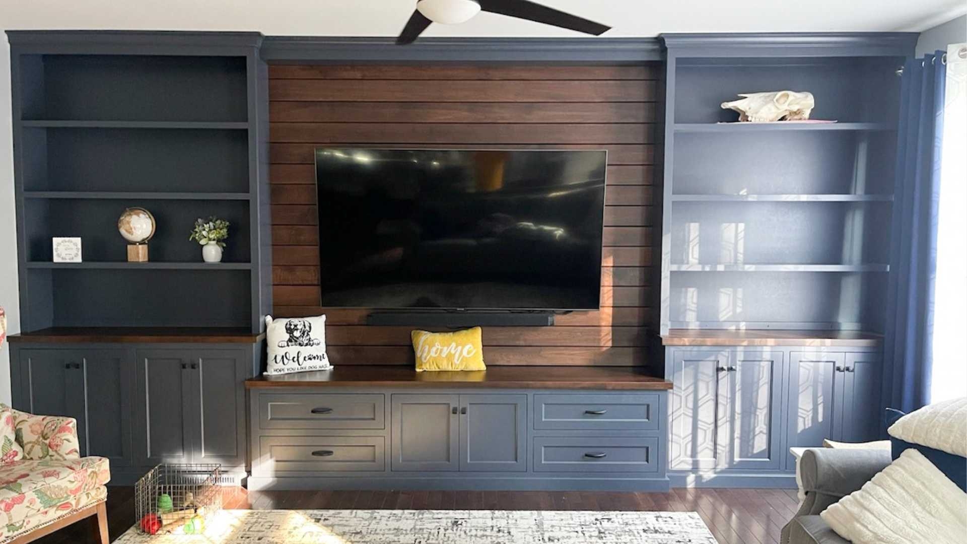 Built-In Entertainment Center Shiplap Backdrop Navy