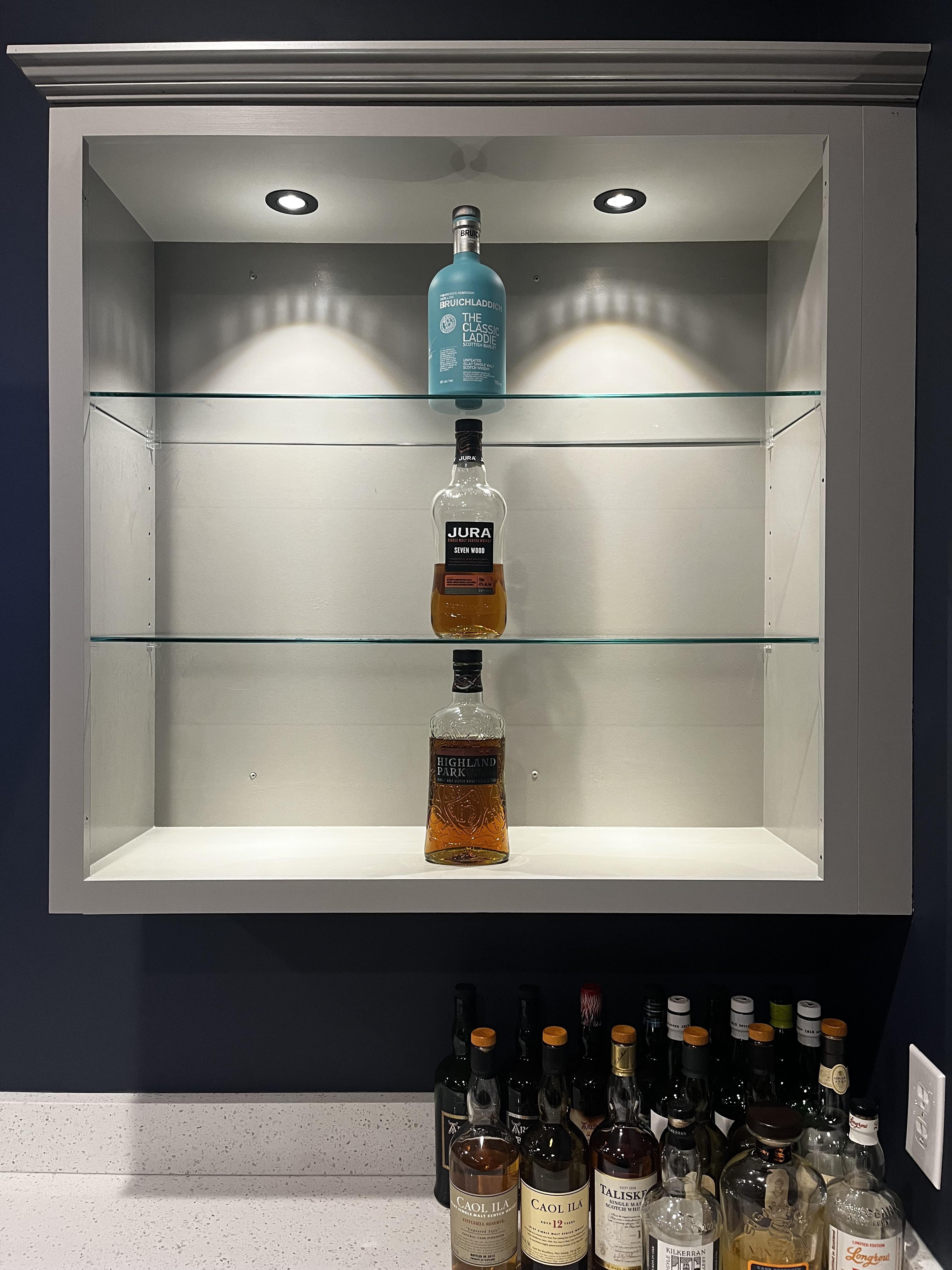 Built In Liquor Cabinet with Crown Molding and Whiskey Display Nook