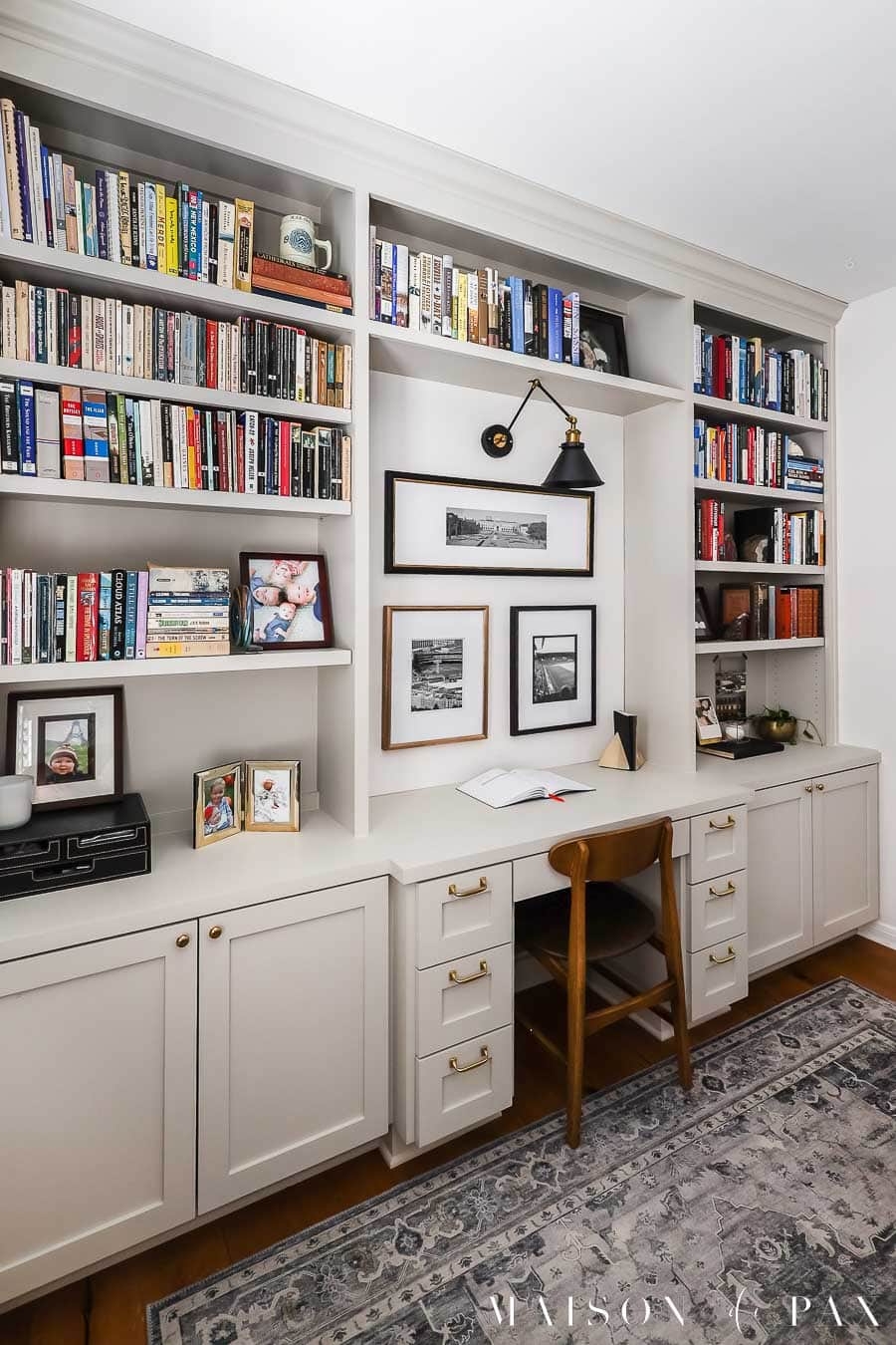 Built In Office Niche with Shaker Style Doors and Brass Knobs