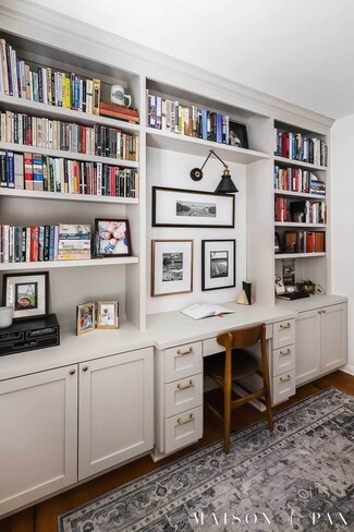 Built In Office Niche with Shaker Style Doors and Brass Knobs
