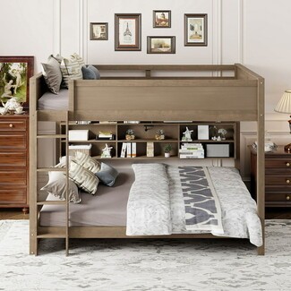 Bunk Bed: Antique Wood Finish Queen Over Queen Integrated Bookcase