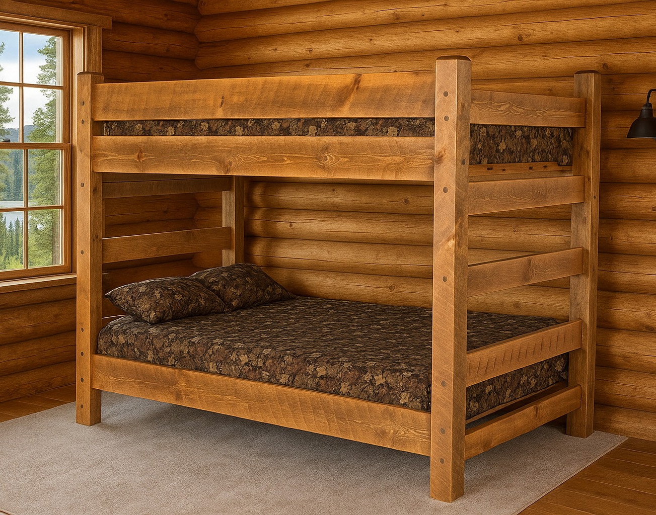 Bunk Bed: Barnwood Texture Queen Over Queen Adult Cabin Bunk Bed
