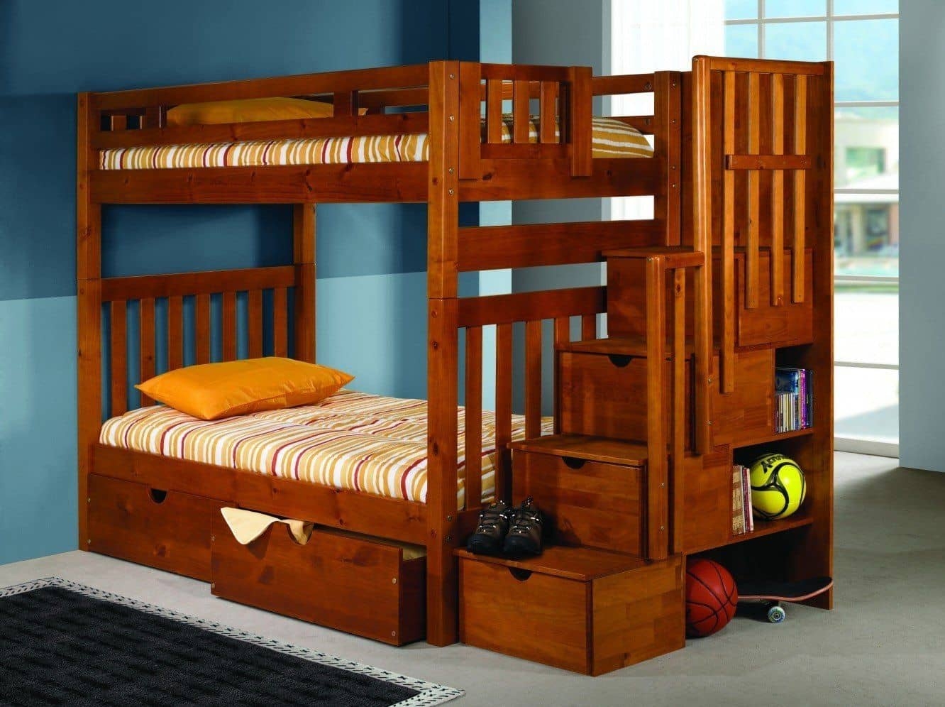 Bunk Bed: Honey Brown Built-in Shelving Honey Wood Bunk Bed