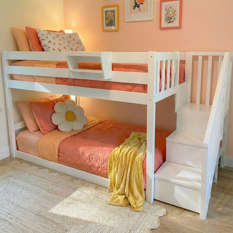 Bunk Bed: Low Profile Bedside Tray Low Bunk Bed with Stairs