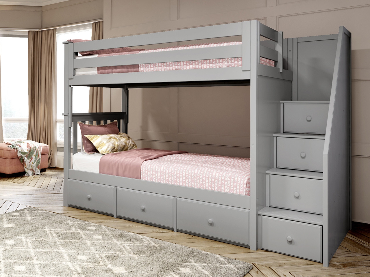Bunk Bed: Matte Gray Staircase Storage Gray Staircase Bunk Bed