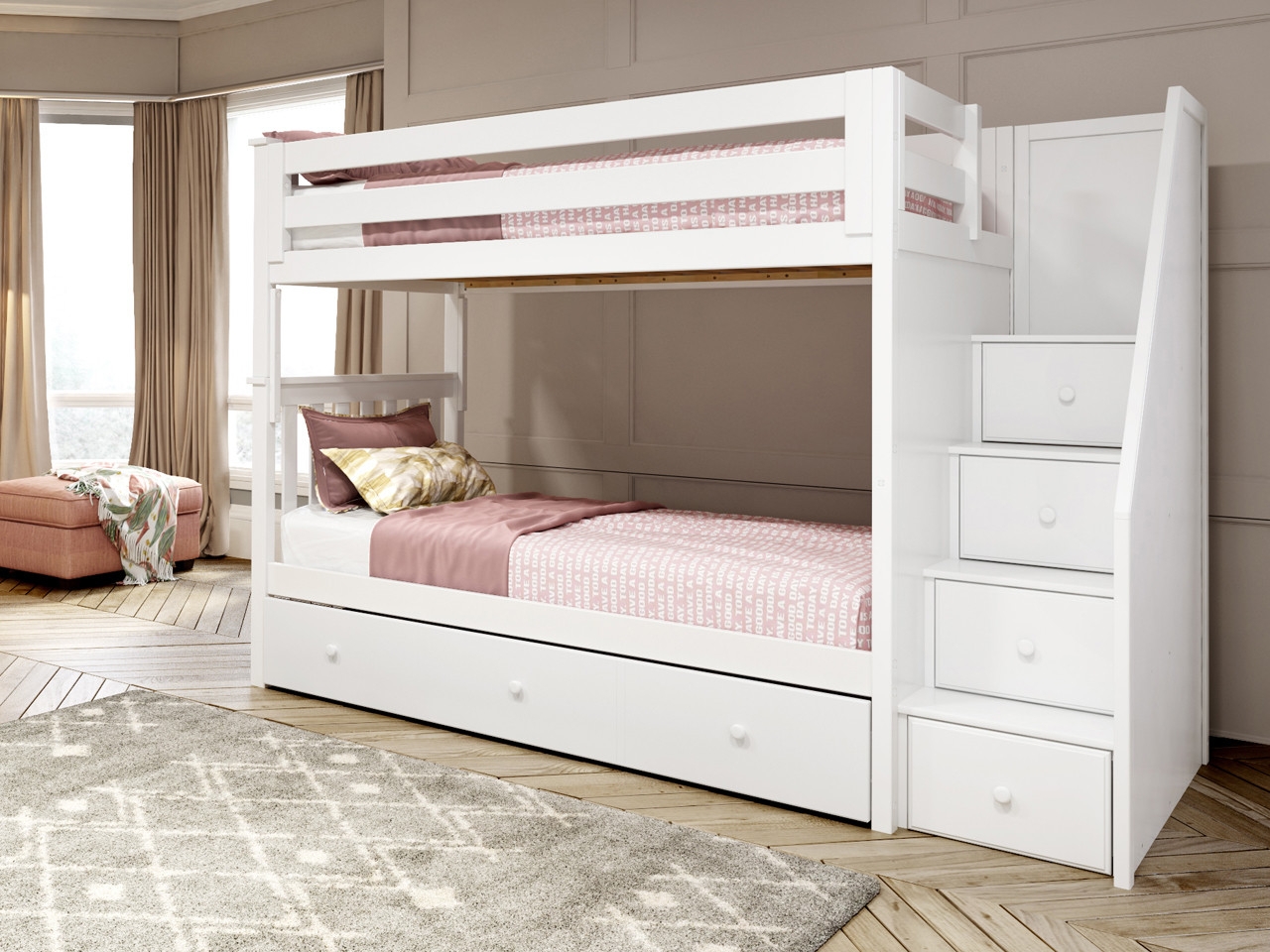 Bunk Bed: Matte White Pull Out Trundle Twin Over Twin Trundle Bed