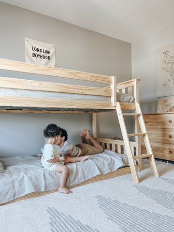 Bunk Bed: Natural Wood Low Profile Bunk Bed Guardrails