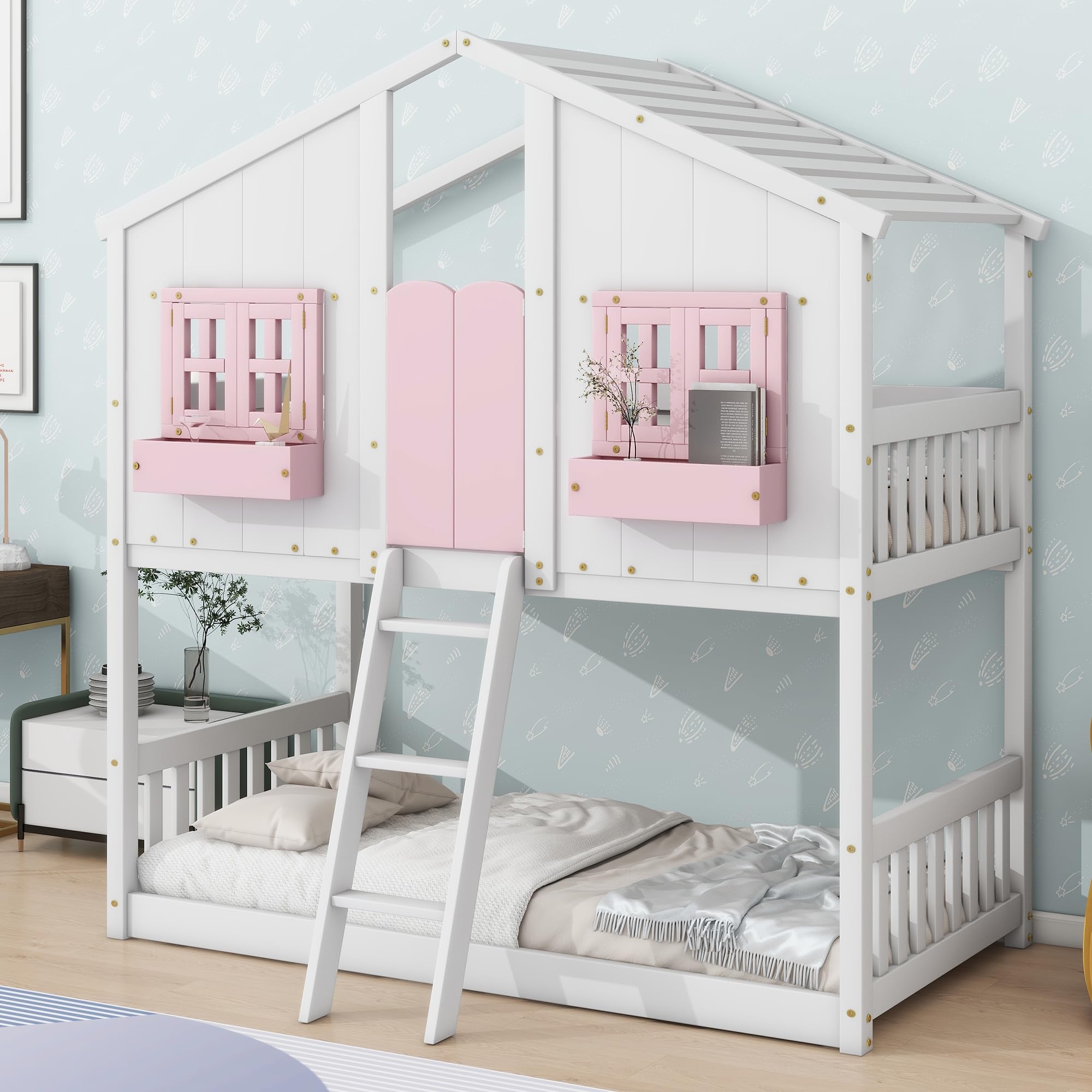 Bunk Bed: Pink Accents & Pink House Bed Twin Structure