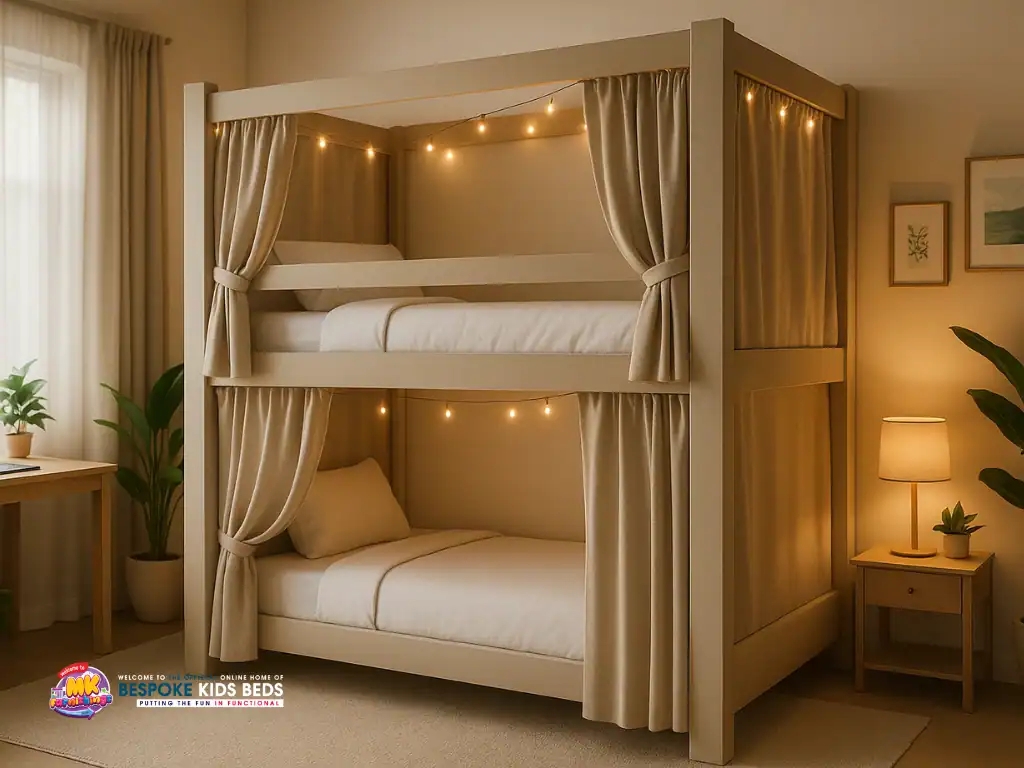 Bunk Bed: Warm Beige Enclosed Privacy Bunk Bed Curtains
