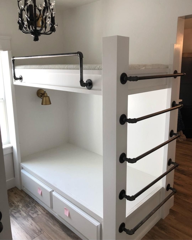 Bunk Bed: White Built-In Industrial Pipe Style Bunk Bed