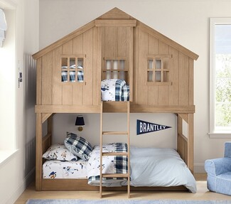 Bunk Bed: Window Cutouts & Gabled Roof Playful Twin Bunk Bed
