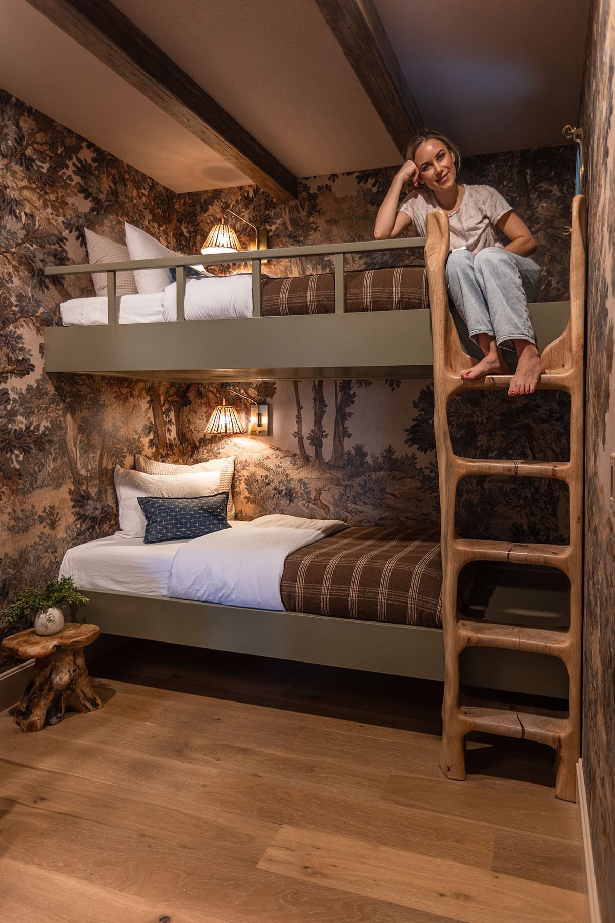 Bunk Room: Organic Wood Ladder & Sage Green Bunk Beds