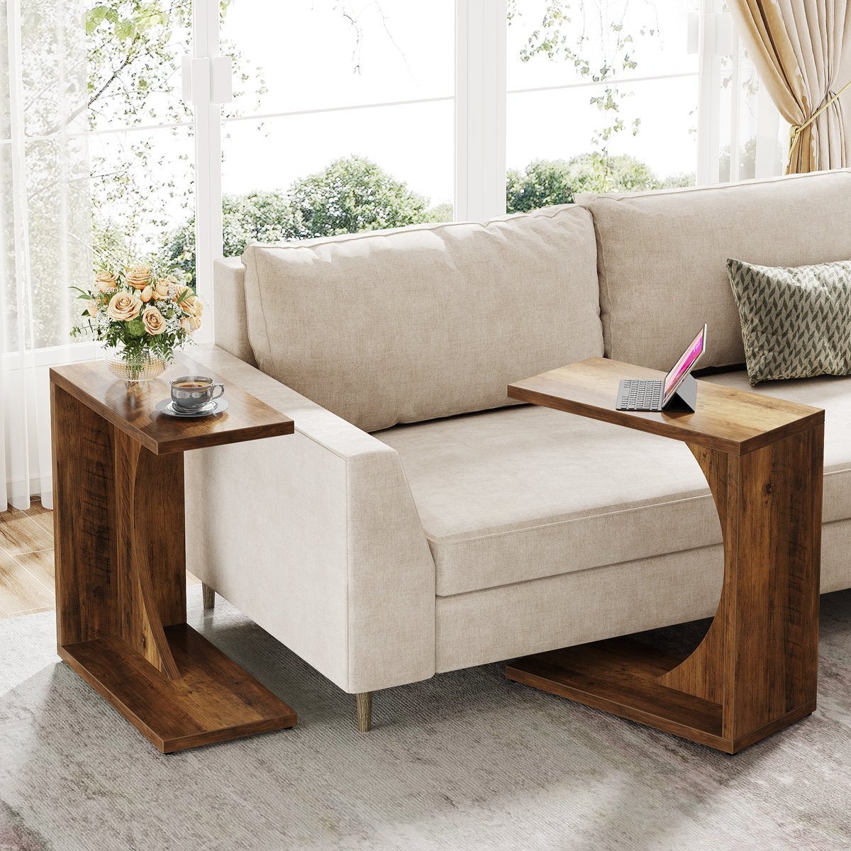 C-Shaped End Table Walnut Wood Curved Cutout Side Desk