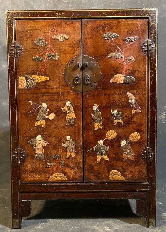 Cabinet Chinoiserie Relief Storage with Scenic Narrative