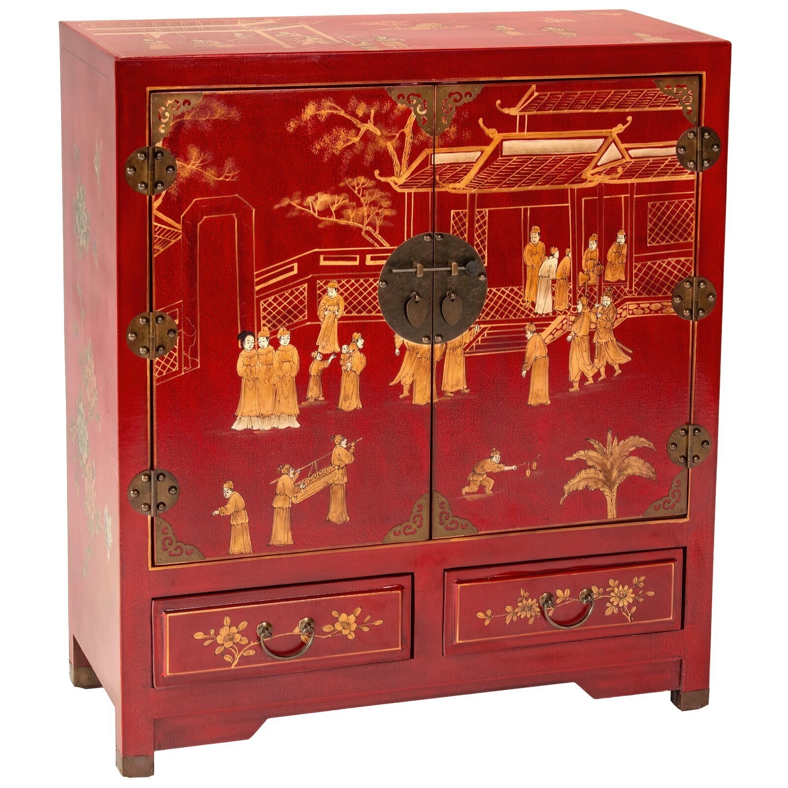 Cabinet Narrative Illustrations and Cinnabar Red Medallion Latch