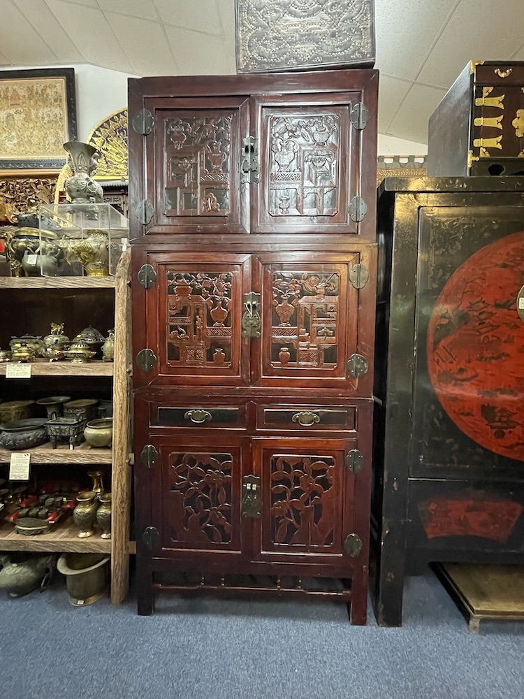 Cabinet Old Chinese Three Stack Level and Intricate Carvings