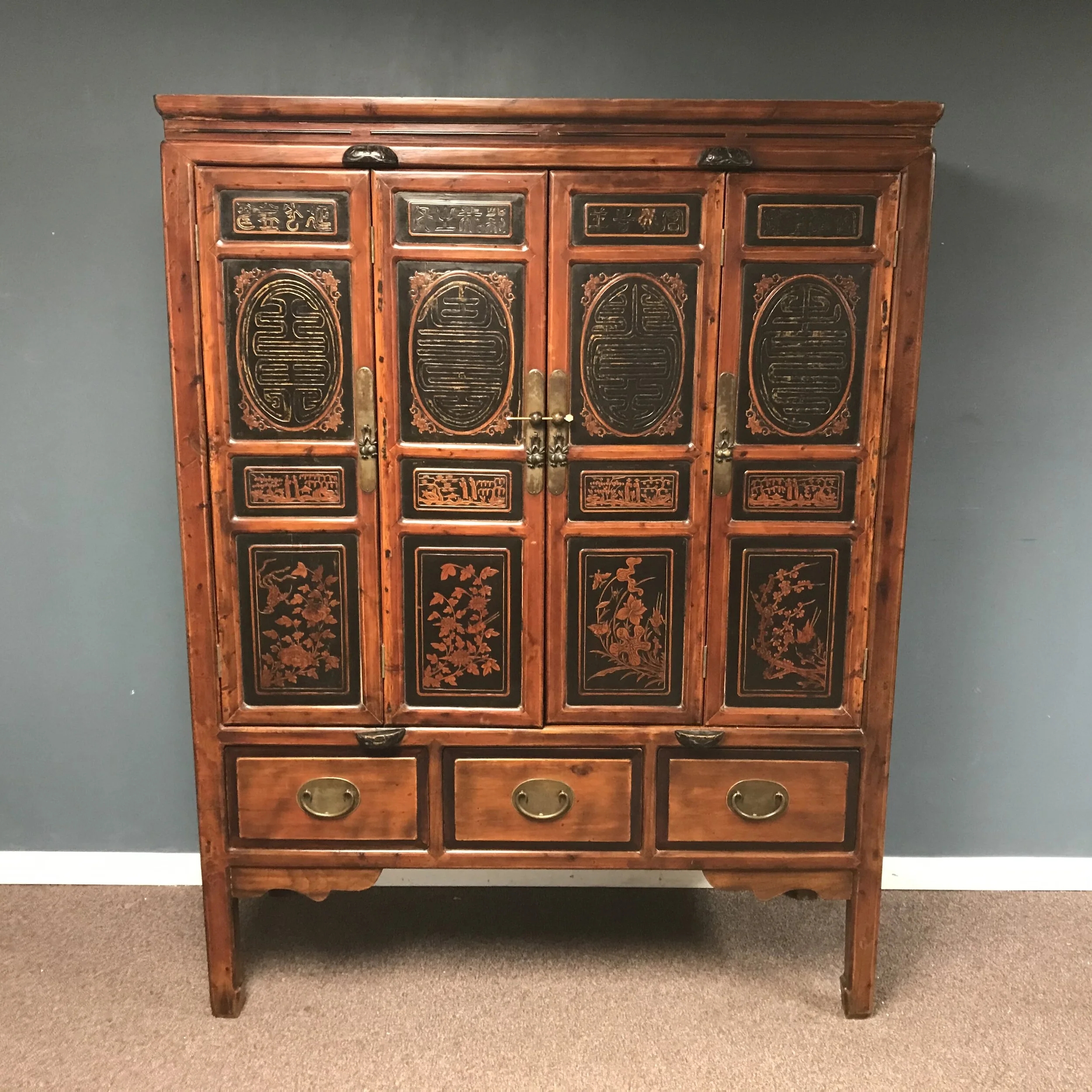 Cabinet Vintage Botanical Relief Furniture with Shou Motifs