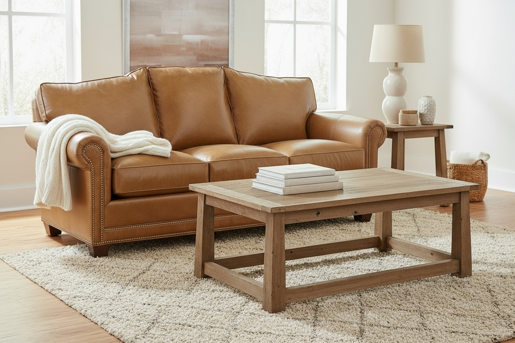 Camel Back Sofa with Nailhead Trim and Rolled Arms