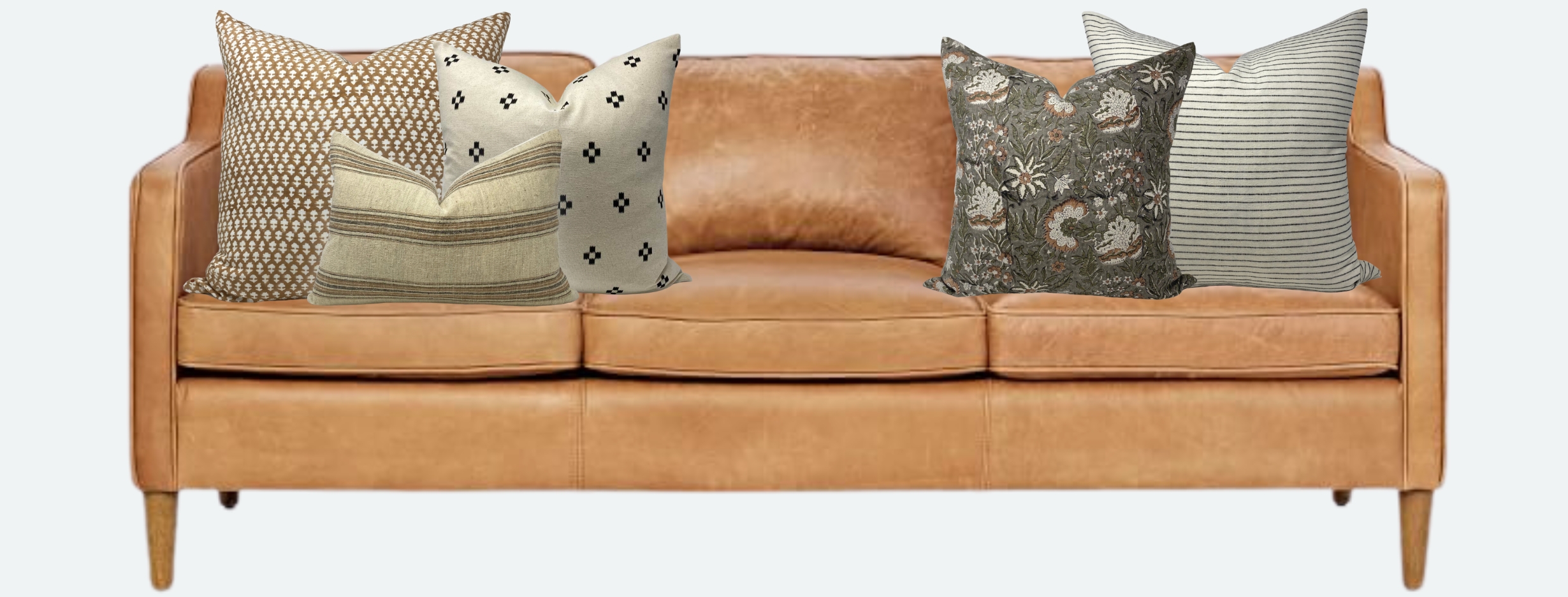 Camel Couch with Patterned Pillows and Tapered Legs