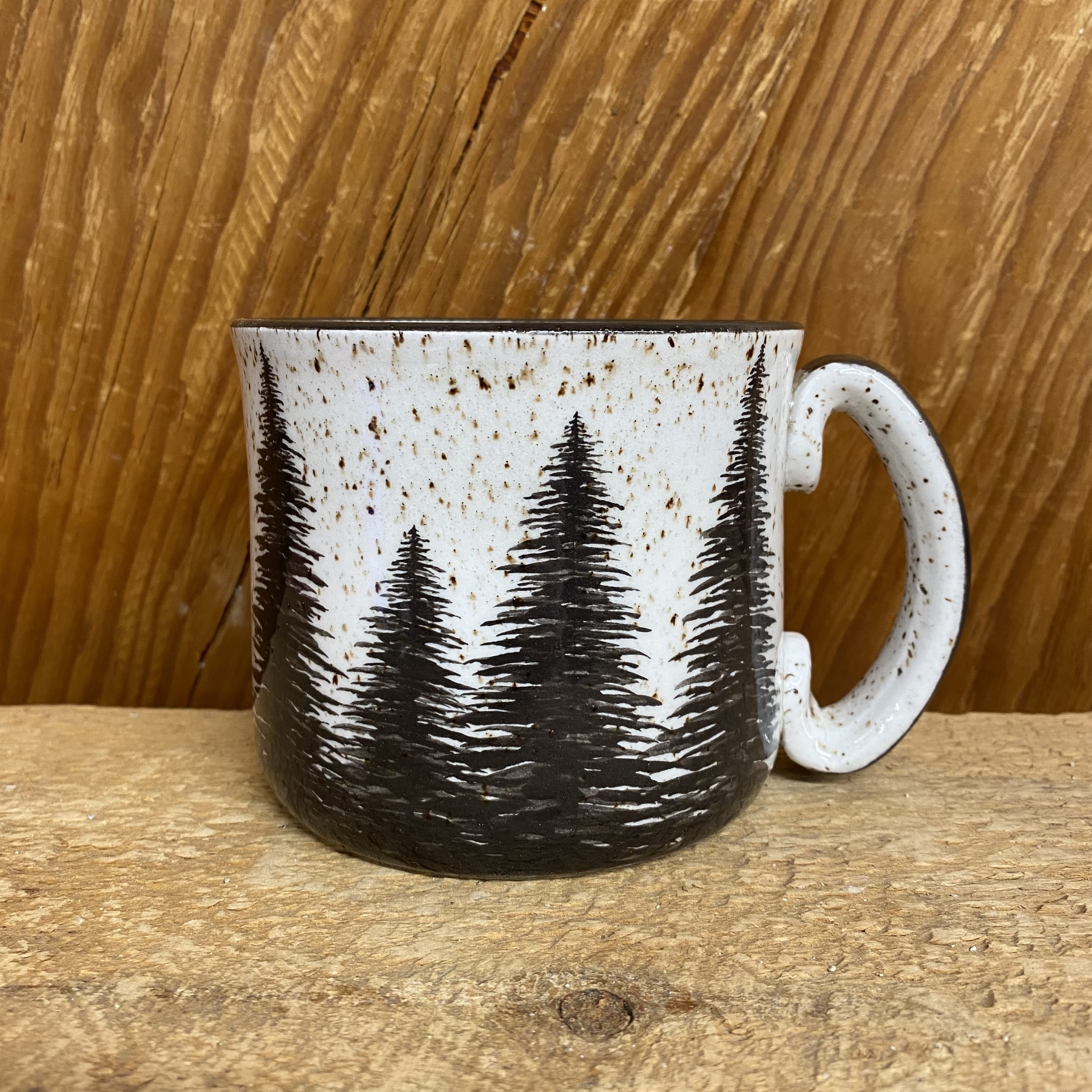 Camp Mug in Speckled Beige with Handcrafted Aesthetic Forest Motif