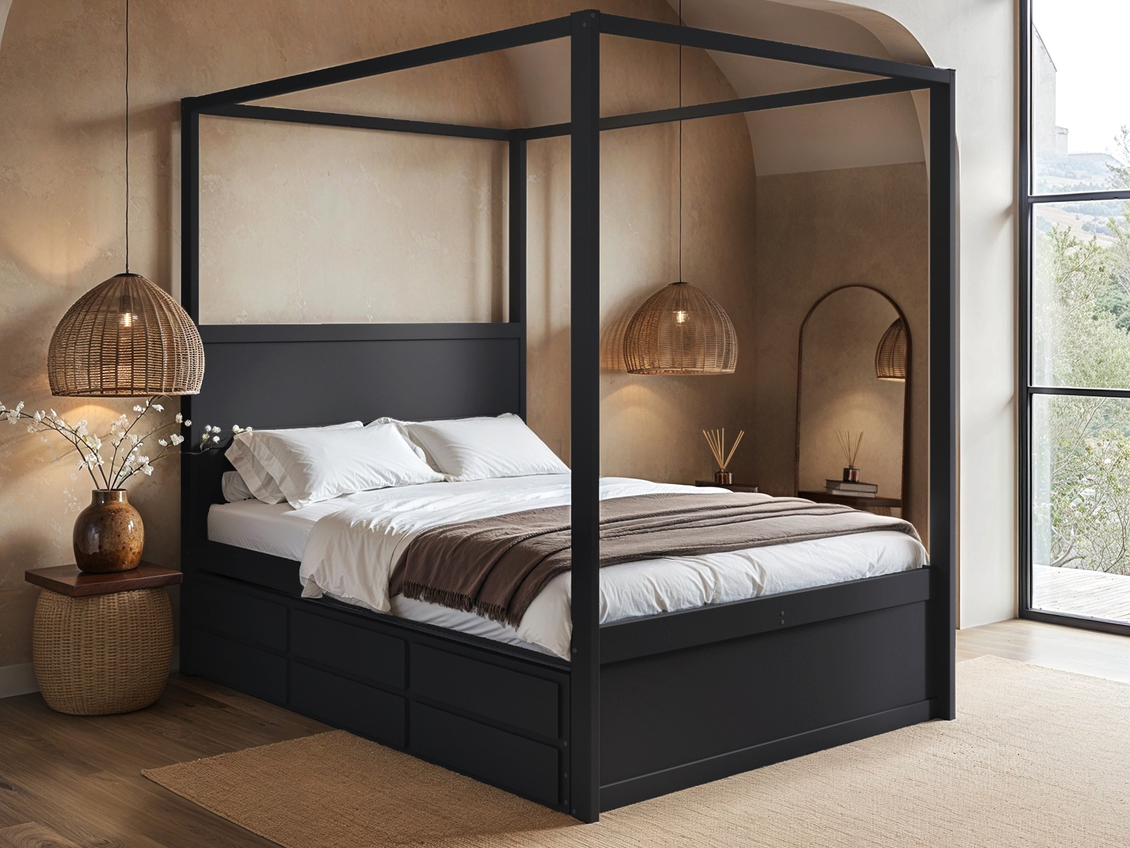 Canopy Bed displaying Underbed Drawers and Integrated Trundle