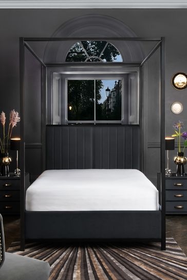 Canopy Bed featuring Fluted Headboard and Charcoal Velvet