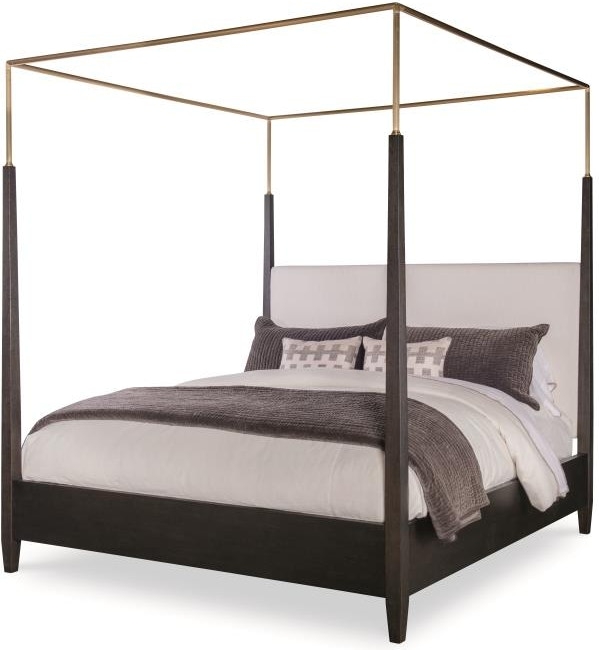 Canopy Bed in Mocha Brown with Padded Headboard and Gold