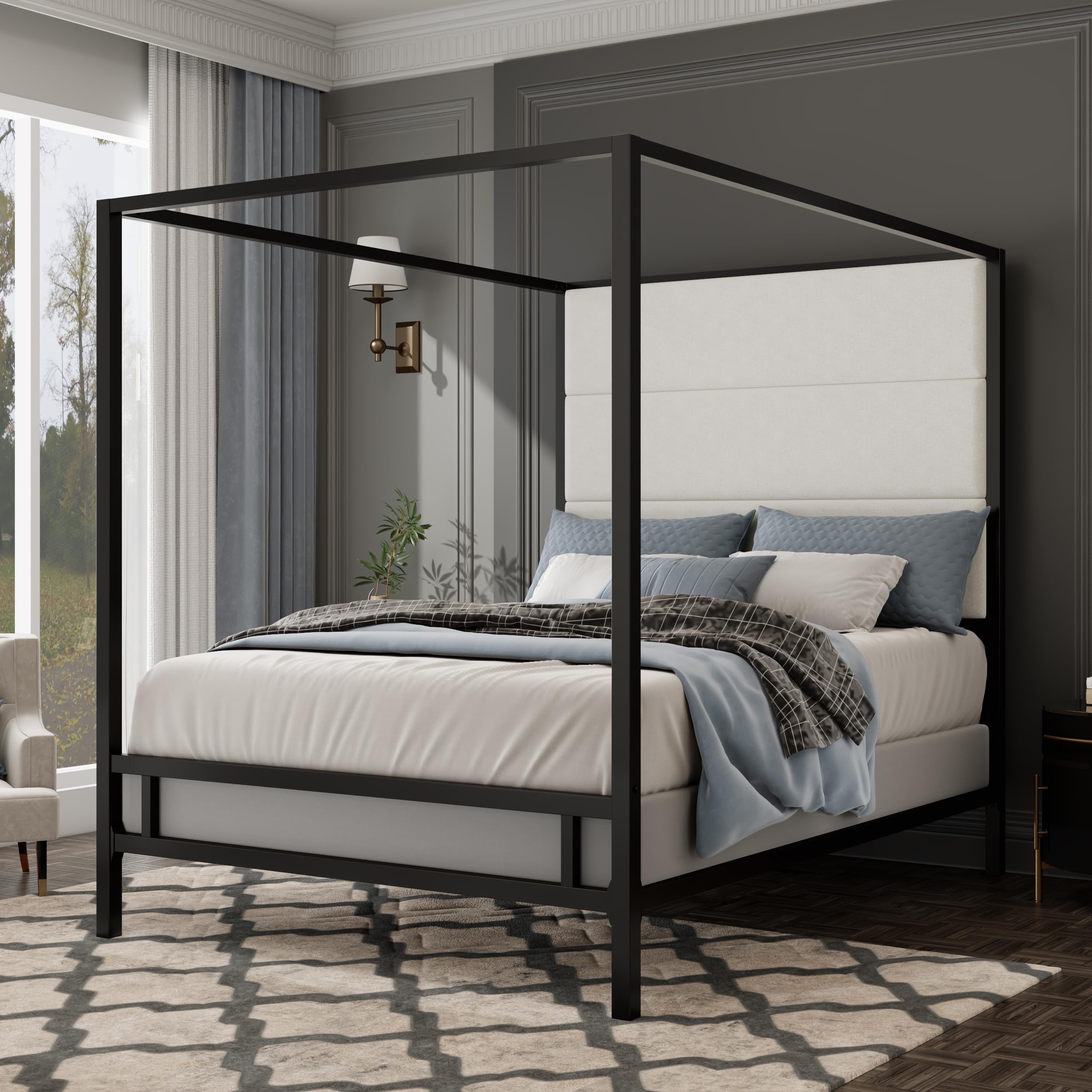 Canopy Bed showing Tall Paneled Headboard and White Velvet