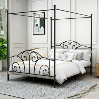 Canopy Bed with Vintage Scrollwork Headboard in Metal