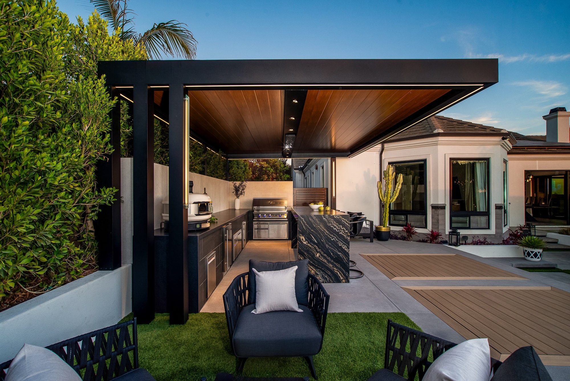 Cantilever Patio Cover featuring Waterfall Island & LED Lights