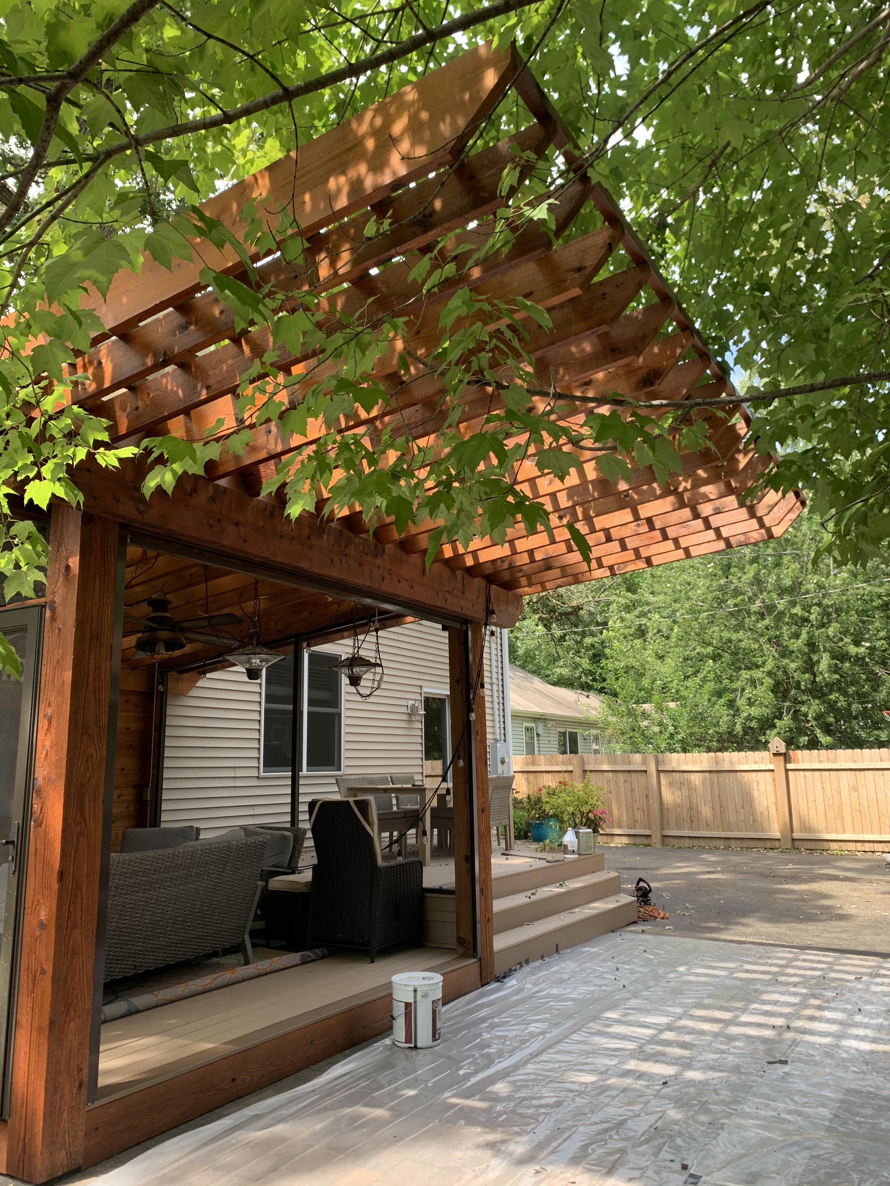 Cantilever Pergola in Reddish Brown Stain with Slatted Rafters