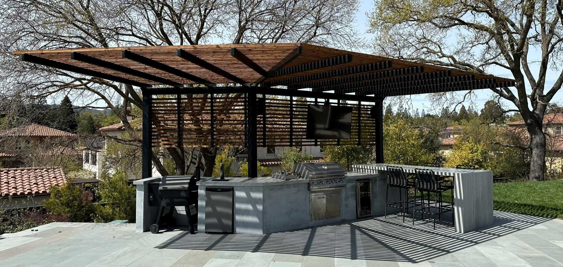 Cantilever Pergola Style with Industrial Steel Frame and Joists