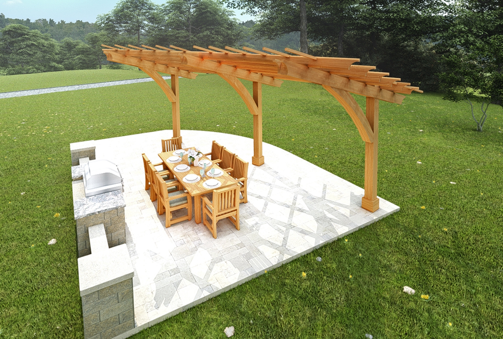 Cantilevered Pergola showing Curved Support Brackets for Shade