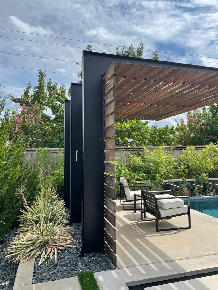 Cantilevered Pergola using Matte Black Beams and Lounge Set