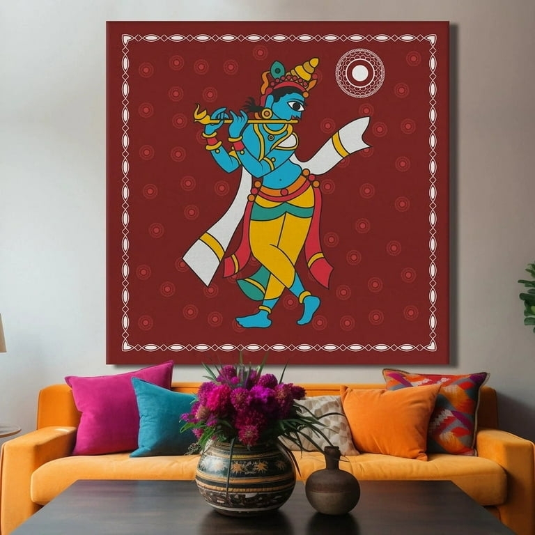 Canvas Painting: Kalighat Krishna Folk Art Burgundy