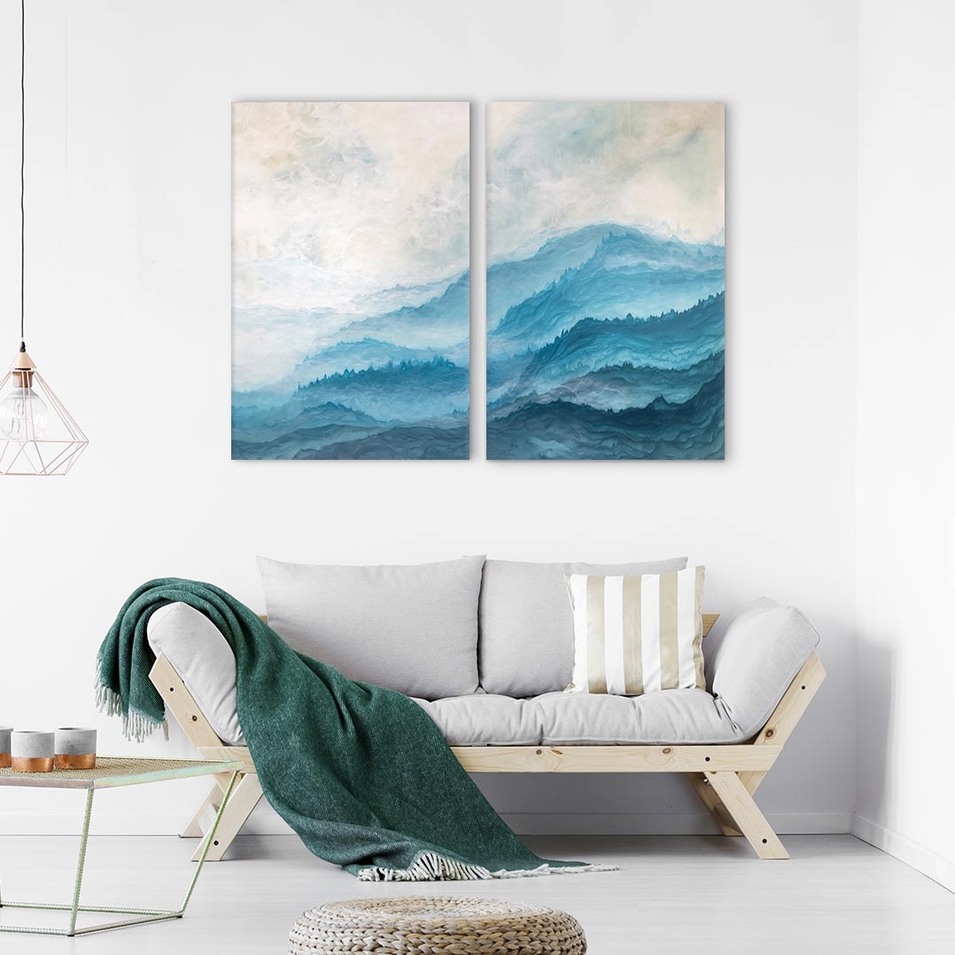 Canvas Wall Art Abstract Mountain Diptych Blue Forest