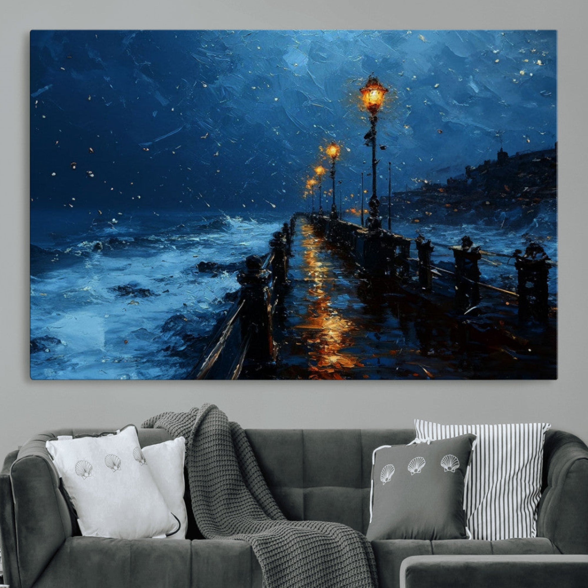 Canvas Wall Art Amber Lamp Glow Stormy Pier Canvas Print