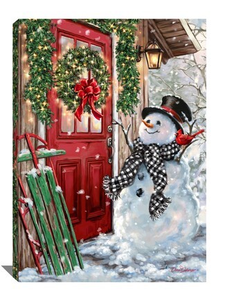 Canvas Wall Art Crimson Red Door Rustic Snowman Porch Art
