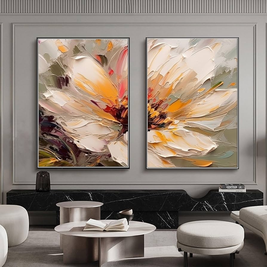 Canvas Wall Art Heavy Texture Impasto Beige Flower Pair