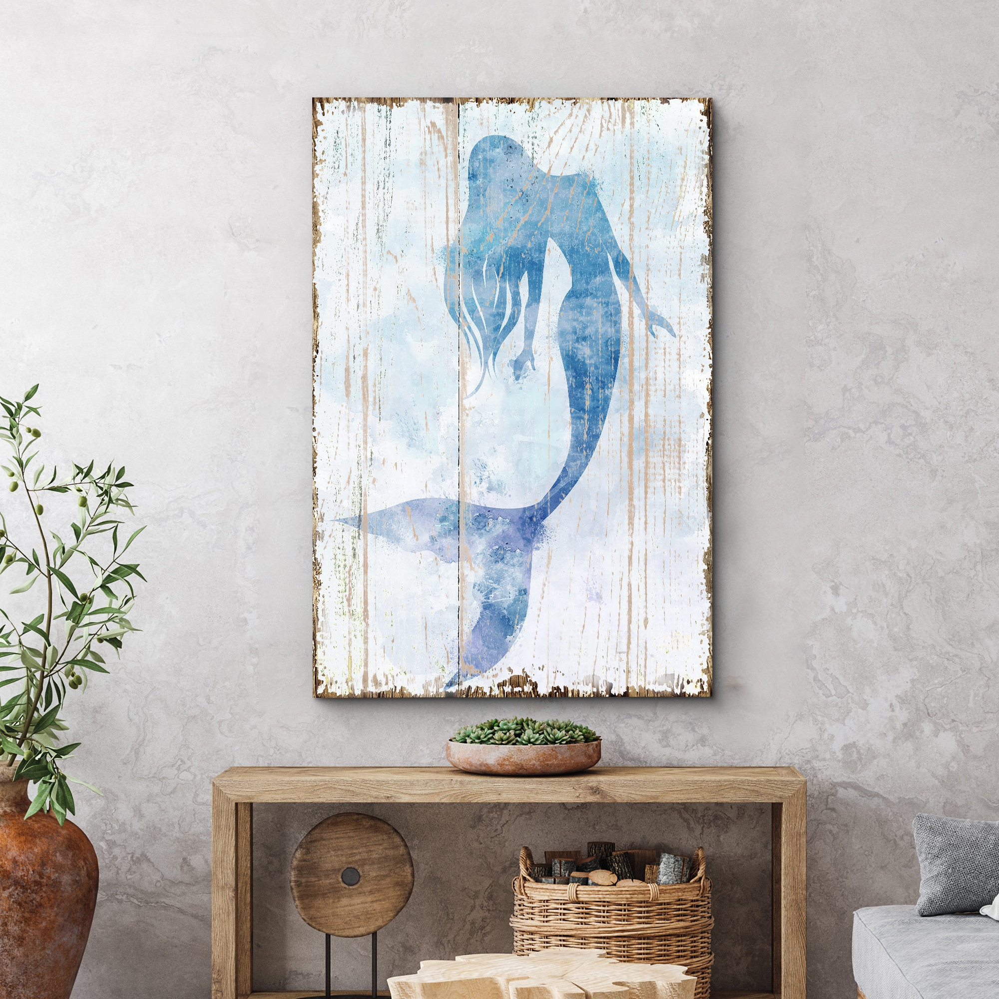 Canvas Wall Art: Mermaid Silhouette Weathered Plank Art Decor