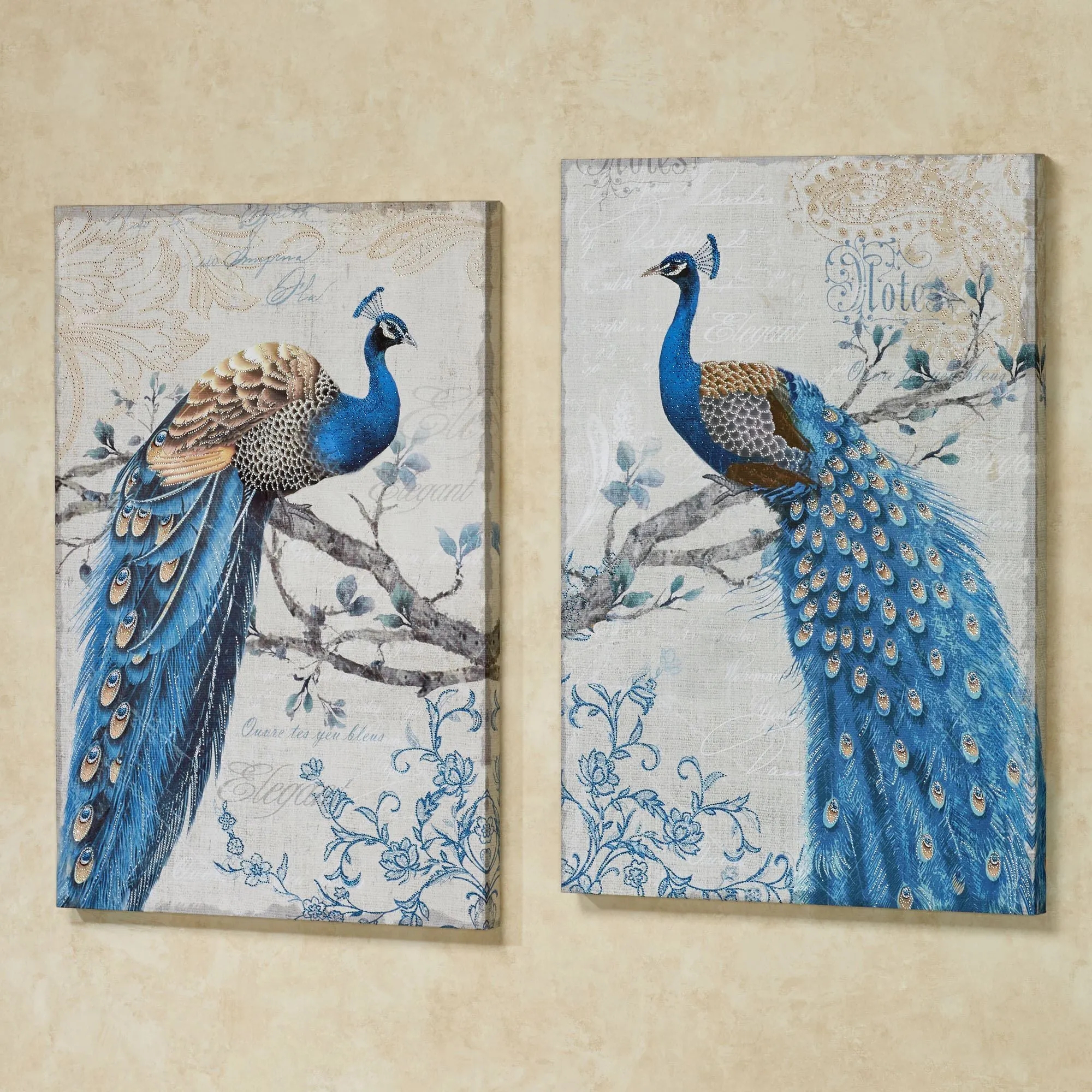 Canvas Wall Art Peacock Plumage Royal Blue Script Decor