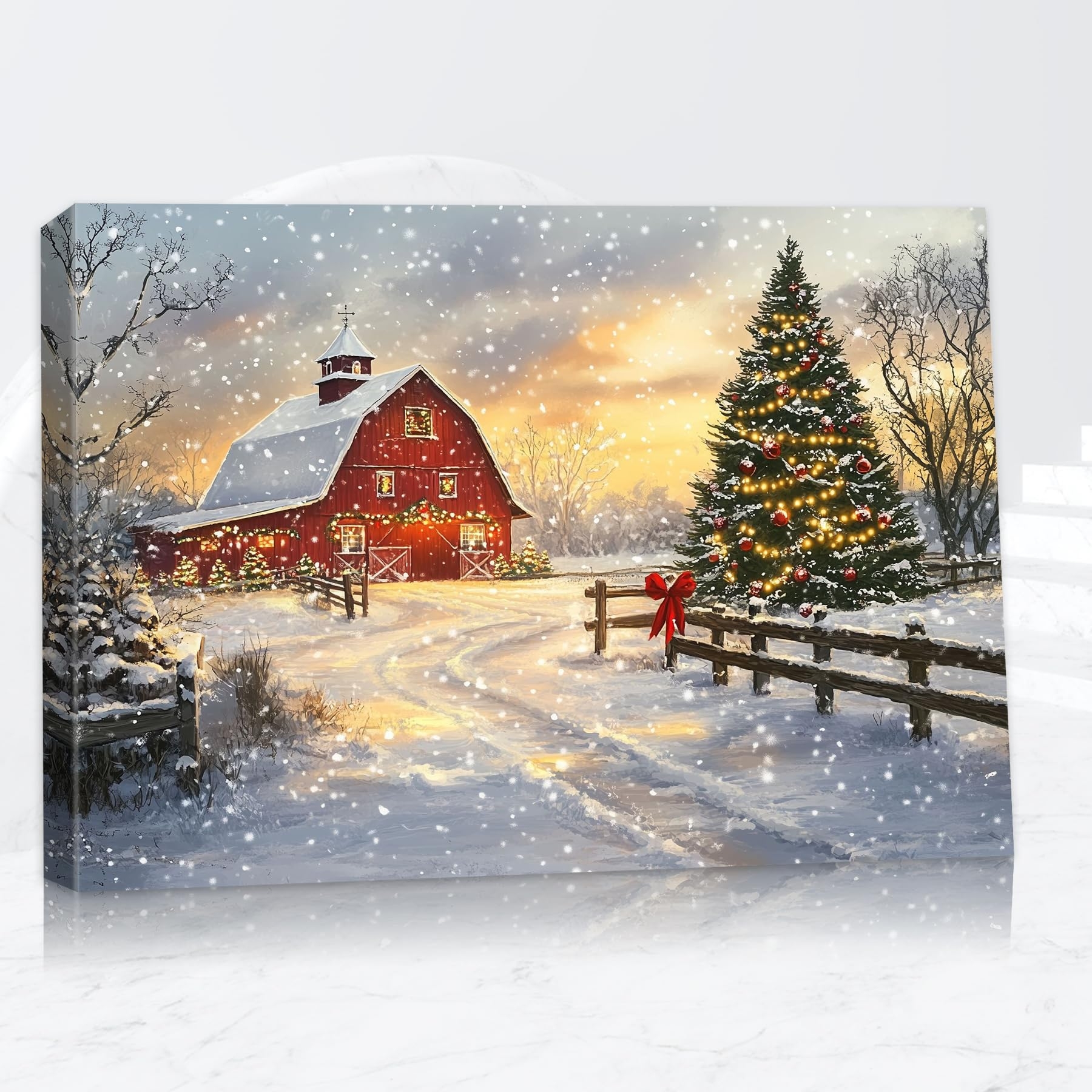 Canvas Wall Art Red Barn Farmhouse Winter Scene Painting