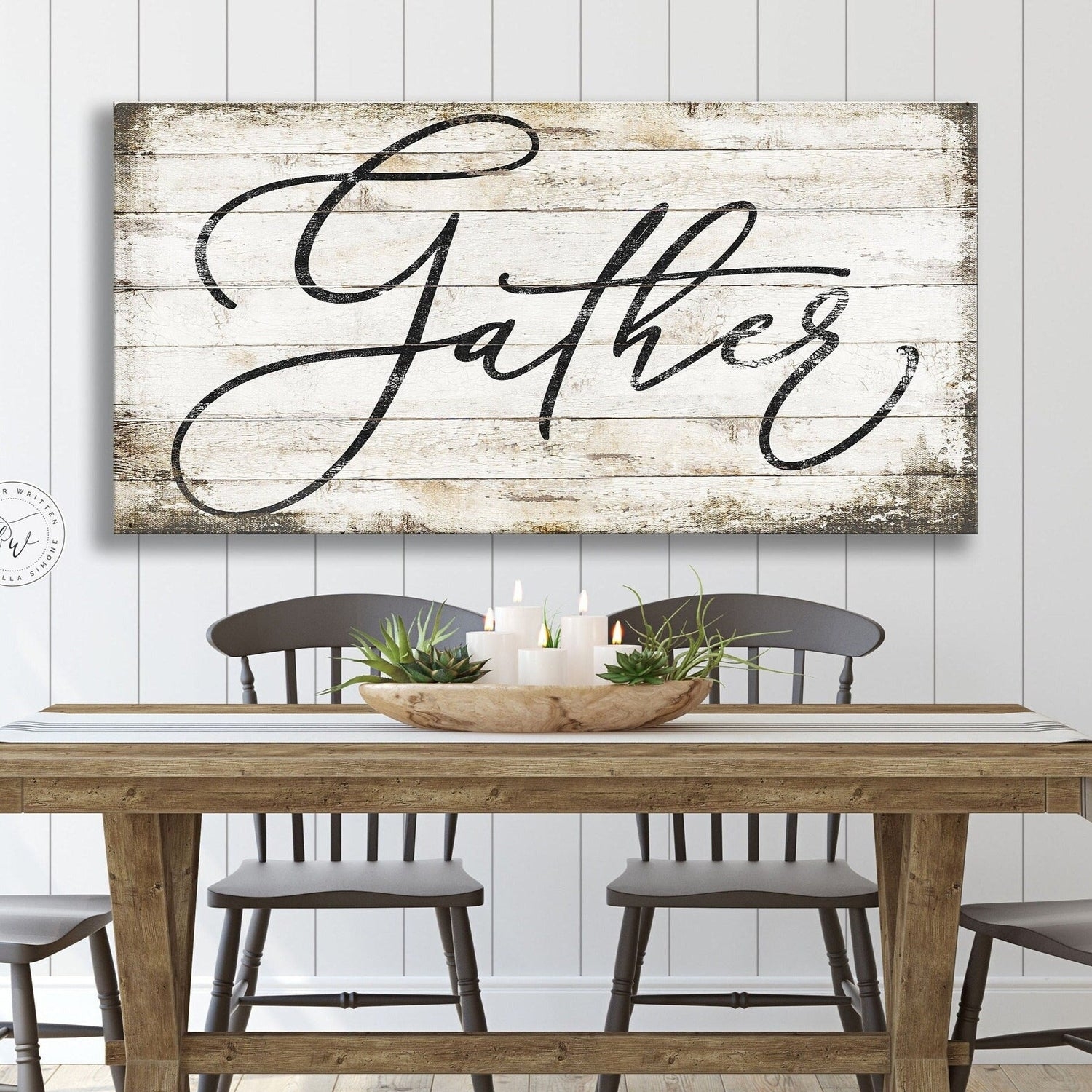 Canvas Wall Art: Script Typography Whitewashed Wood Look Large Wrap