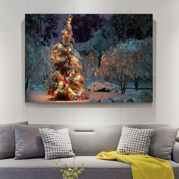 Canvas Wall Art Snowy Winter Scene Modern Holiday Landscape
