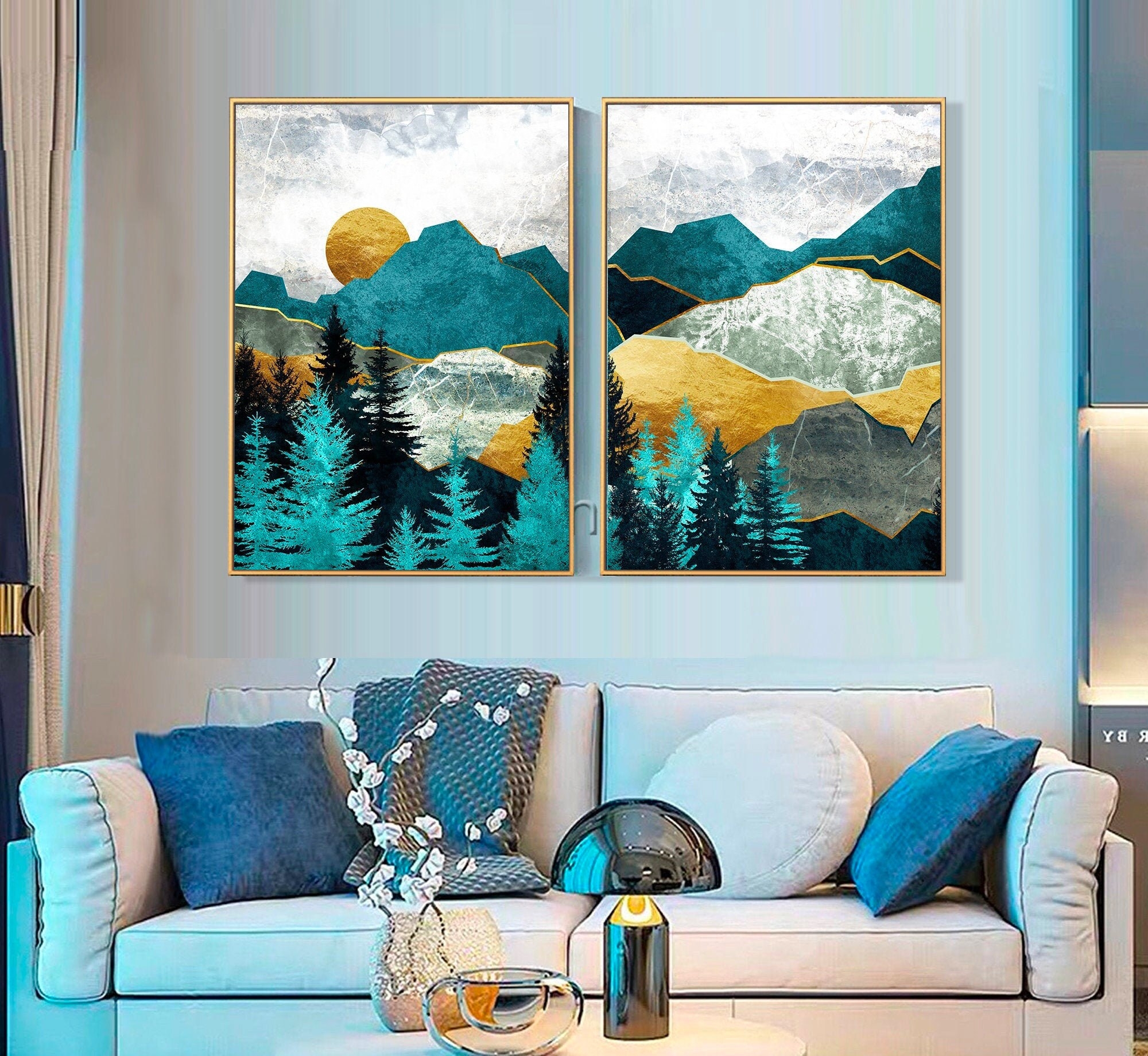 Canvas Wall Art Teal Mountain Diptych Gold Sun Accent