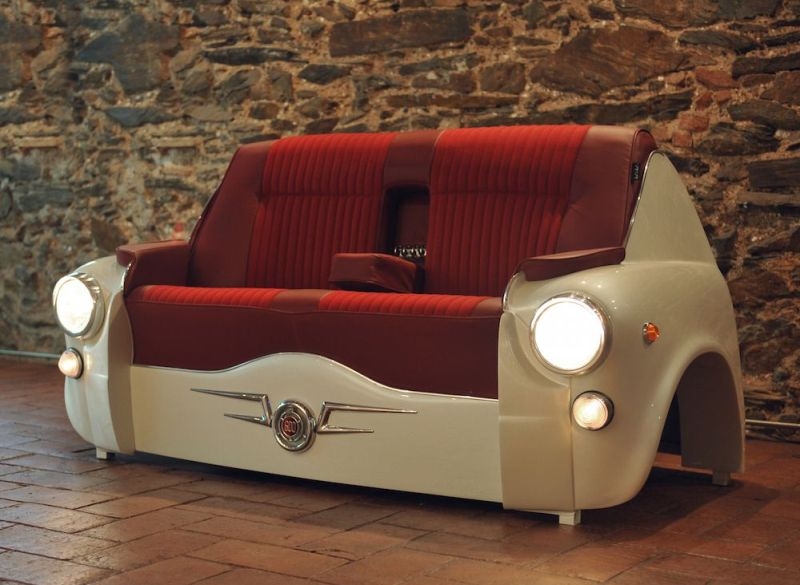 Car Couch with Chrome Badging Retro Automotive Seating