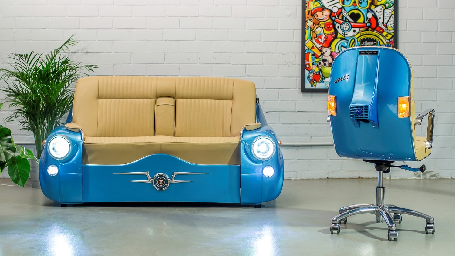 Car Sofa in Metallic Blue Finish Retro Car Sofa Design